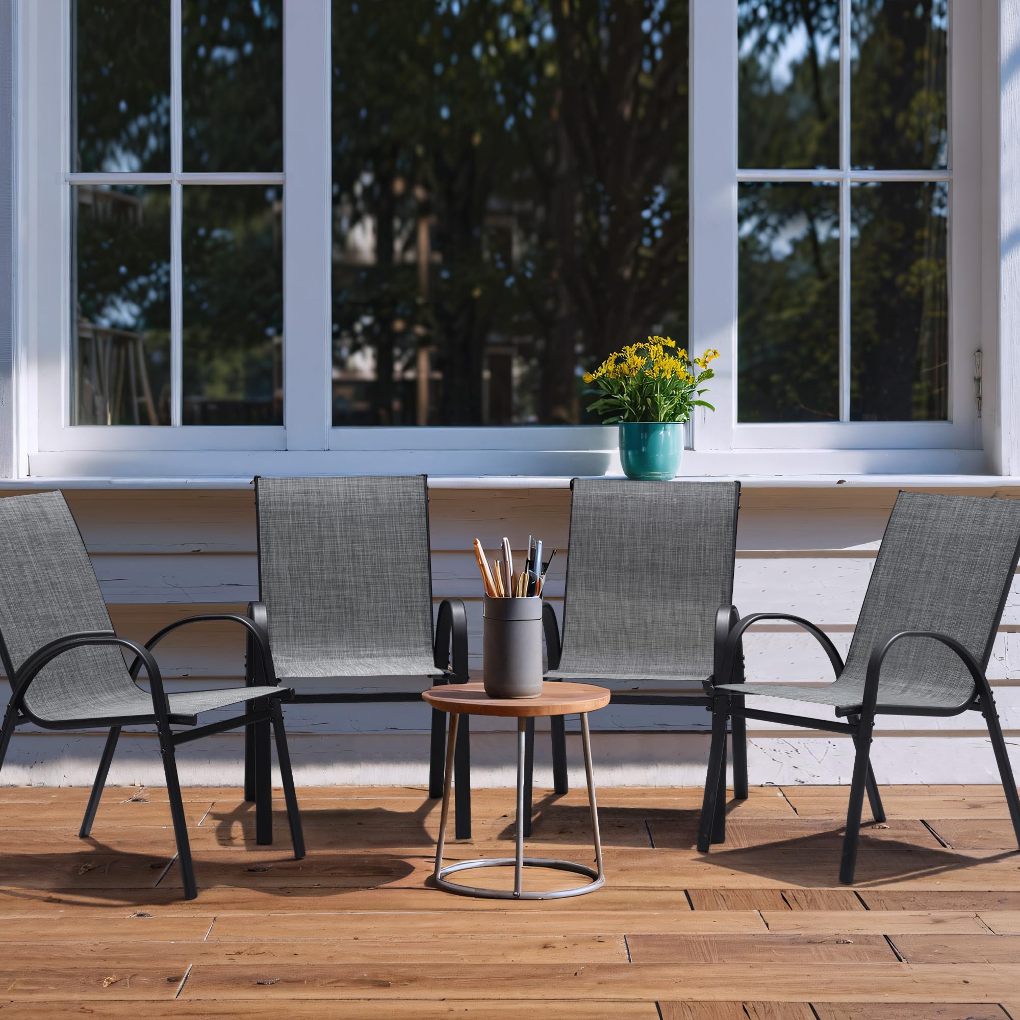 **Flamaker 4-Piece Stackable Patio Dining Chairs Set - Metal & Teslin Outdoor Chairs for Lawn, Deck, Balcony, Porch (Grey) - Perfect for Backyard BBQs, Poolside Relaxation & Garden Gatherings**