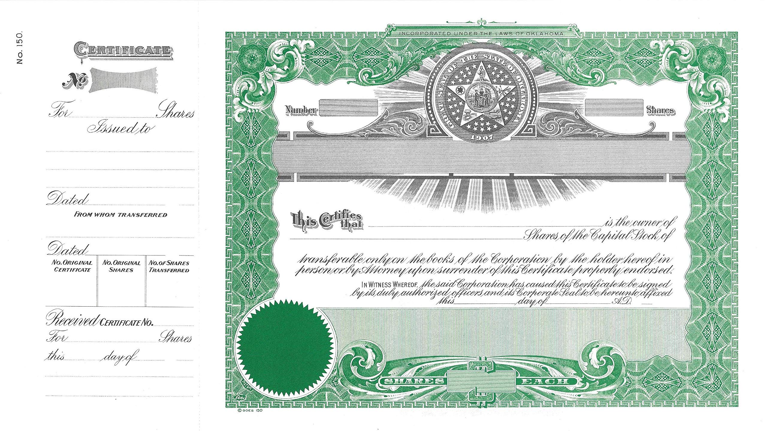 150 Oklahoma Stock Certificates - Pack of 100 | Authentic Blank Certificates for Collectors, Business Records & Historical Documentation