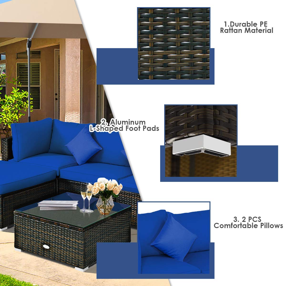 HAPPYGRILL 5-Piece Outdoor Patio Conversation Set - Rattan Wicker Sectional Sofa with Ottoman, Coffee Table, Cushions & Pillows - Perfect for Garden, Lawn, Balcony, Backyard & Poolside Relaxation