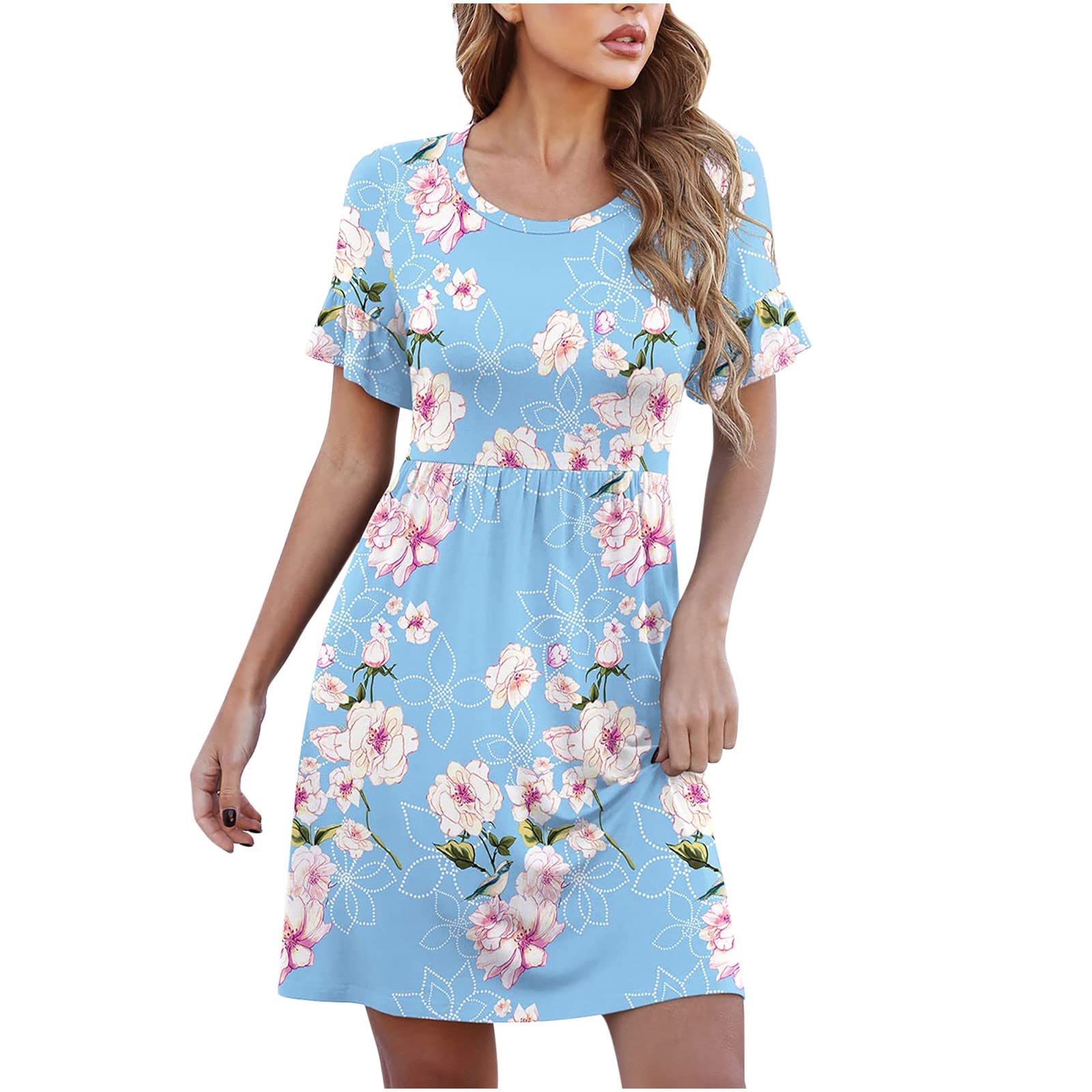 Women's Summer Dresses 2023 - Solid Color Casual Short Sleeve Ruffle Crew Neck Dress | Perfect for Beach Vacation, Outdoor Parties & Daily Wear
