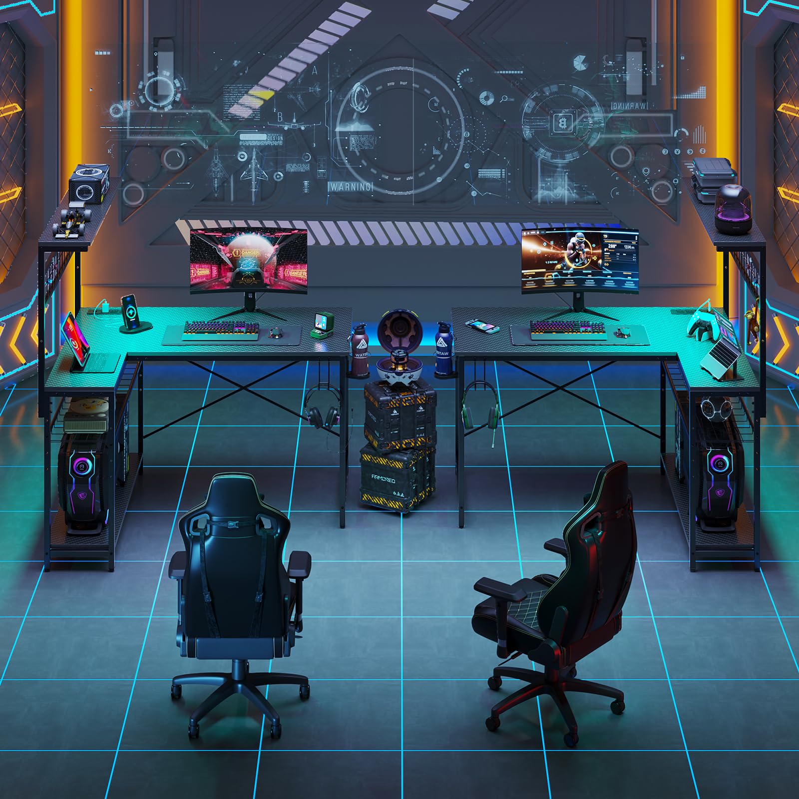 Bestier 42 Inch L-Shaped Gaming Desk with Power Outlets & LED Lights - Reversible Corner Computer Desk with 4-Tier Shelves, Cup Holder & Hook - Carbon Fiber Black for Home Office & Gaming Setup