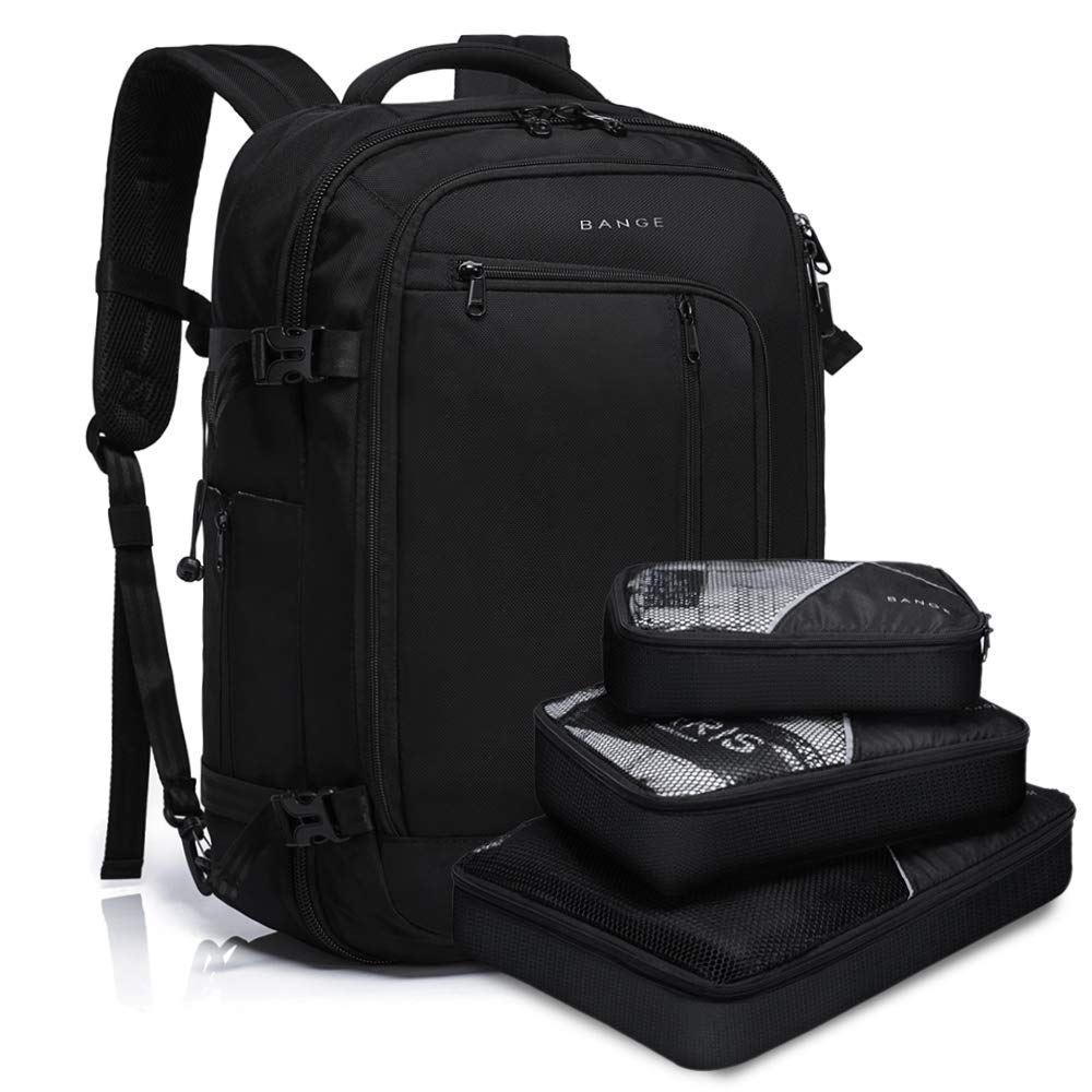 BANGE 40L FAA Approved Carry On Travel Backpack - Waterproof Overnight Weekender Bag with 3 Packing Cubes (Black) | Perfect for Business Trips, Weekend Getaways & Airplane Travel