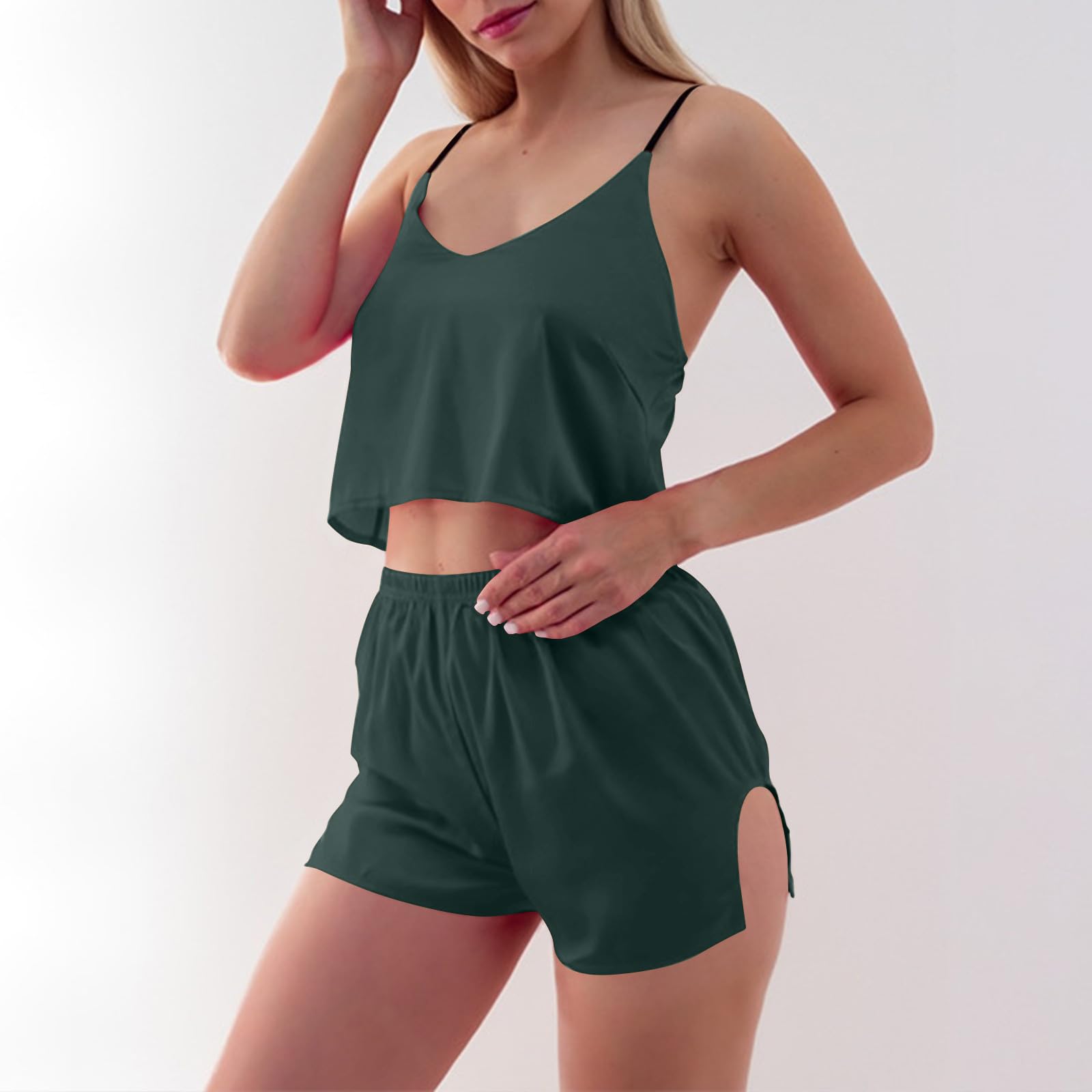 Sexy Women's Two Piece Sets - V Neck Tank Top & Shorts Lounge Wear Outfits for Summer | Solid Color Matching Sets | Perfect for Beach, Vacation, and Casual Wear