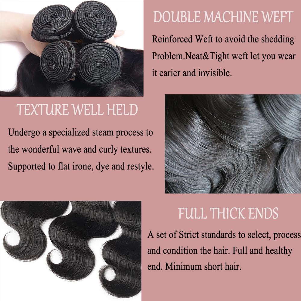 12A 100% Unprocessed Brazilian Virgin Human Hair Bundles - 20 22 24 26 Inch Body Wave Natural Black Hair Extensions (4 Bundles) for Quick Weave, Ponytail & Everyday Styling