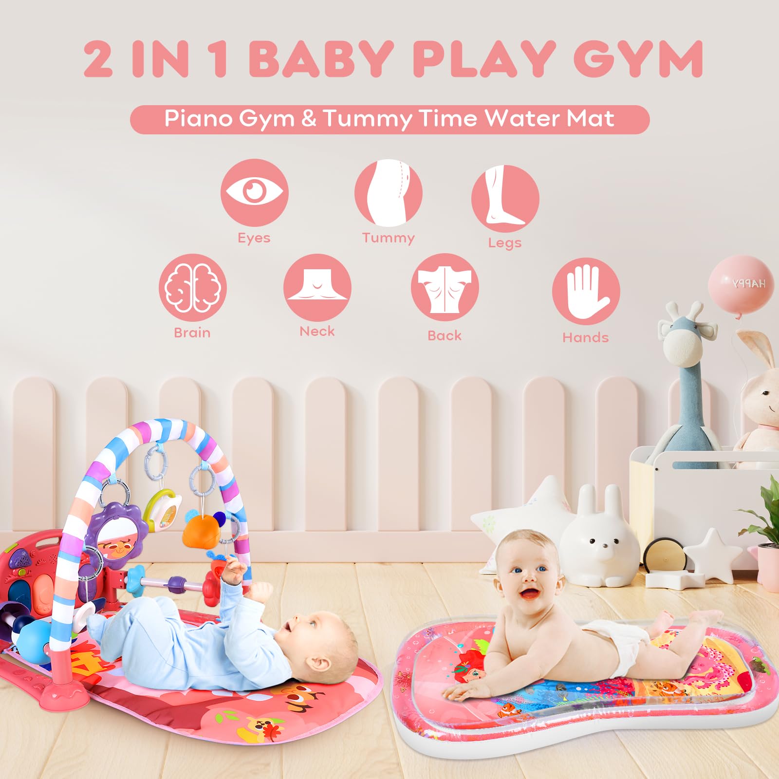 Looxii 2-in-1 Baby Play Gym & Tummy Time Water Play Mat with Kick & Play Piano, Lights & Sounds - Interactive Floor Activity Gym with Hanging Toys for Newborns 0-12 Months (Girl & Boy) - Perfect for Early Development, Sensory Play & Tummy Time Exercises