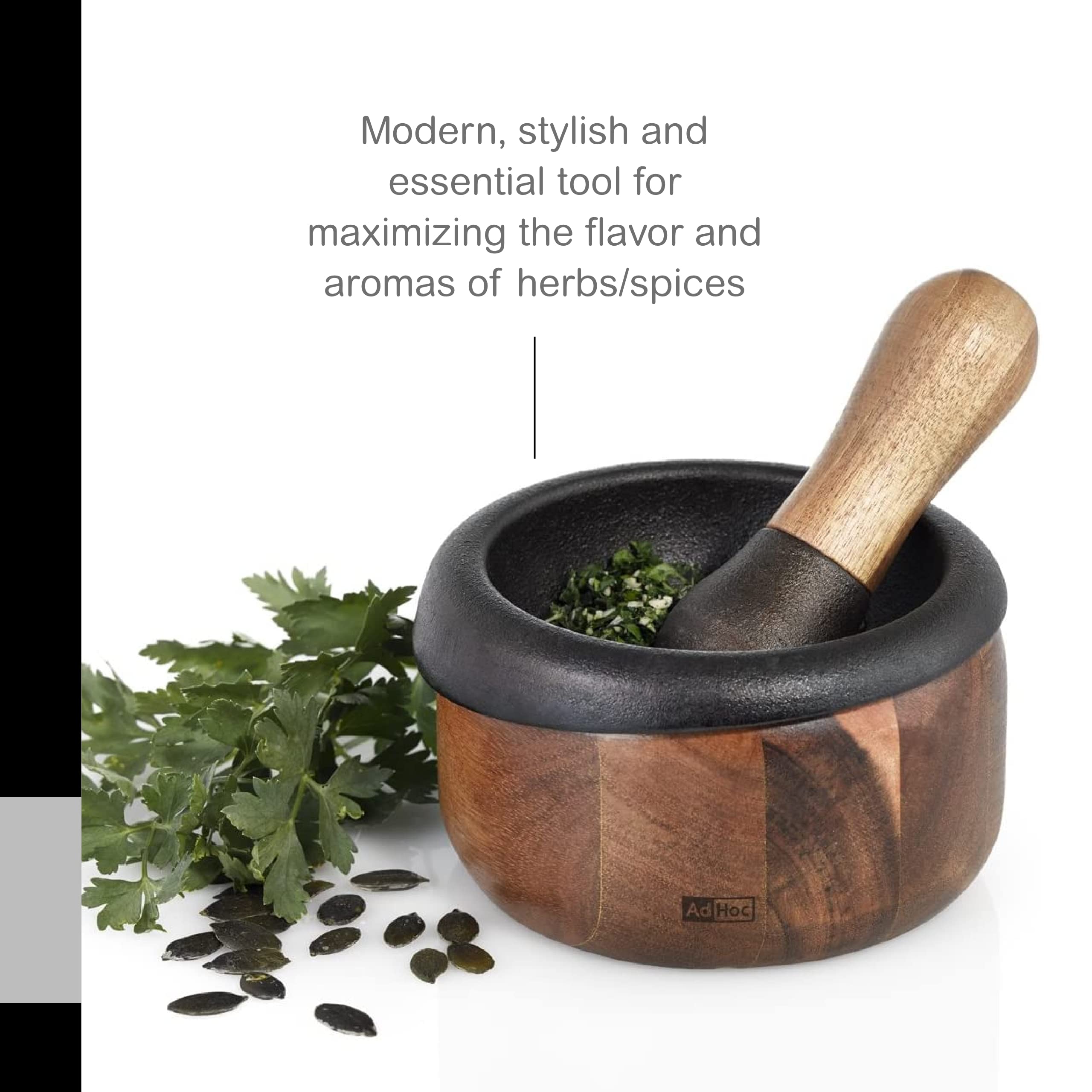 Premium Acacia Wood & Cast Iron Mortar and Pestle Set - Handcrafted Herb Grinder for Spices, Garlic, Peppercorns - Rustic Kitchen Tool for Grinding, Crushing & Mixing - Perfect for Home Cooking, Baking & Herbal Remedies