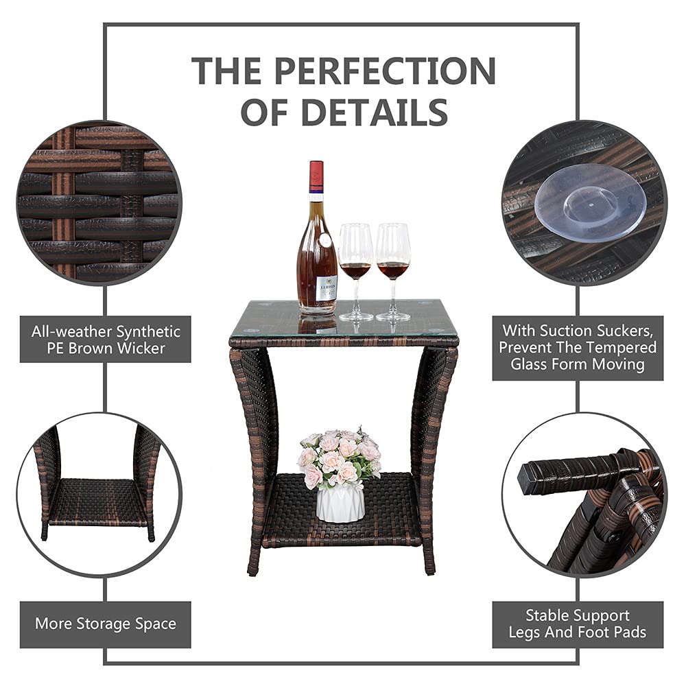 Brown Rattan Side Table with Glass Top - Outdoor Coffee Table for Poolside, Porch & Bedroom