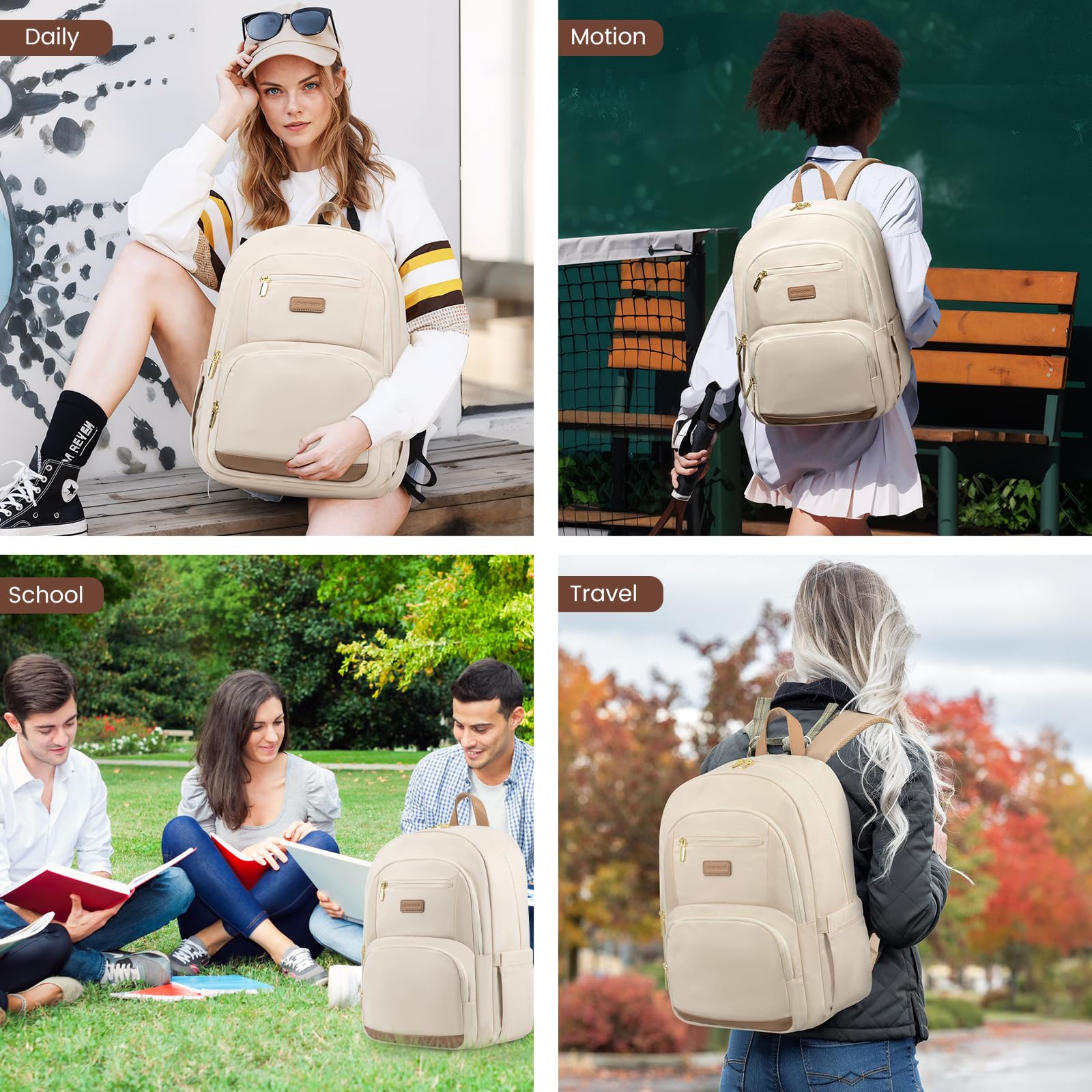 LOVEVOOK Waterproof Laptop Backpack for Women - 15.6 Inch Travel & Work Backpack with USB Charging Port, Lightweight College Computer Bag (Beige) - Perfect for Business Trips, Commuting & Campus Life