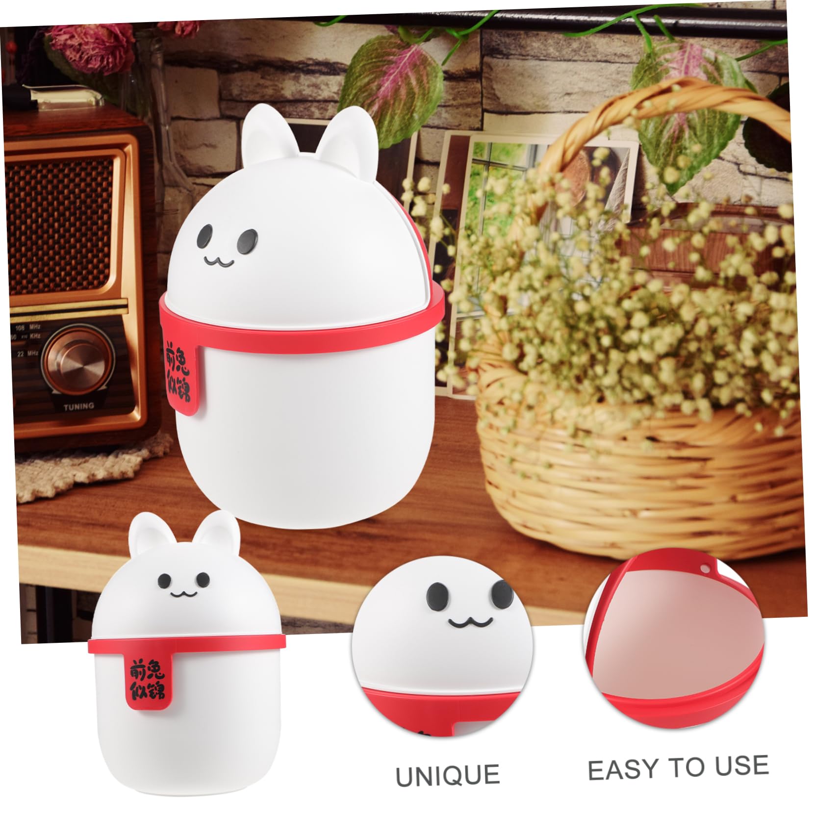 DOITOOL Mini Trash Can with Lid - Small Plastic Waste Basket, Cute Cartoon Rabbit Shape for Home, Office, Vanity & Bathroom - Perfect for Desks, Cars & Countertops