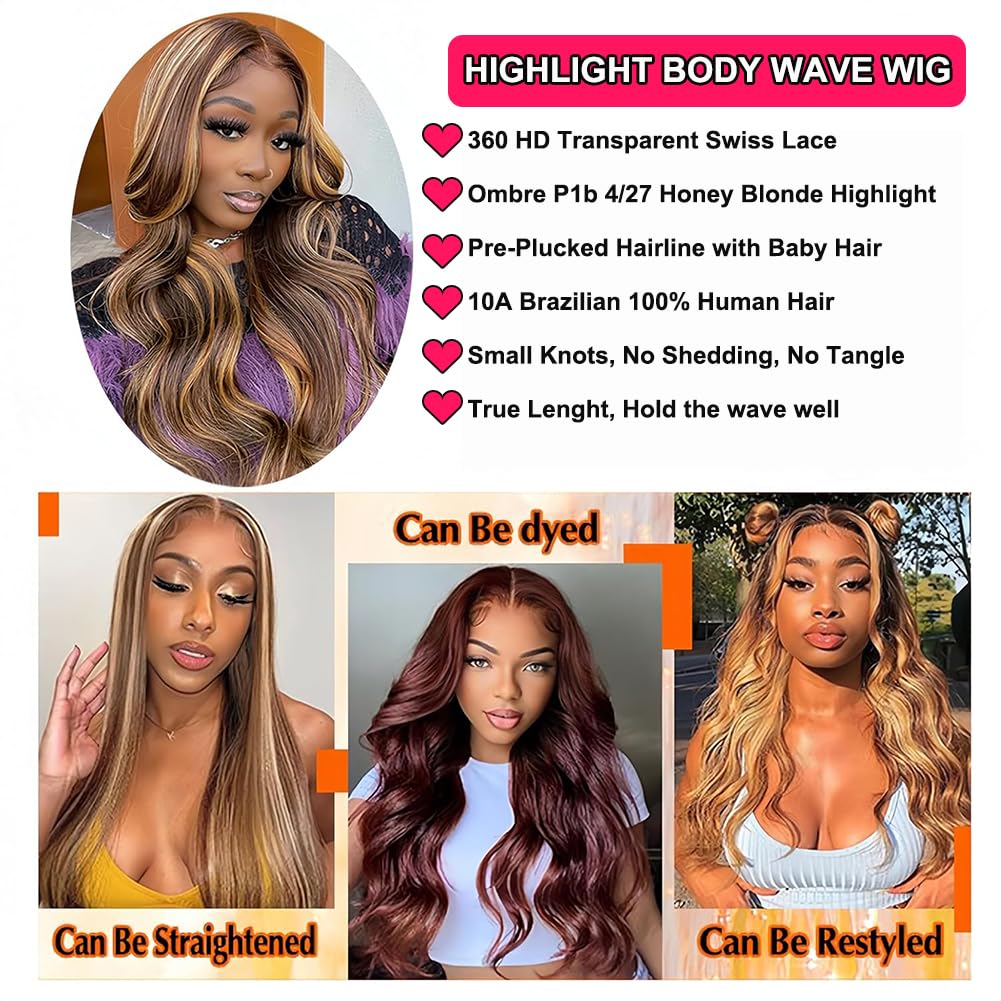 26 Inch Ombre Lace Front Wig Human Hair - 180% Density 360 Lace - Honey Blonde HD Lace Front Wig with Body Wave & Balayage - Pre Plucked for Women - Perfect for Daily Wear, Parties & Special Occasions