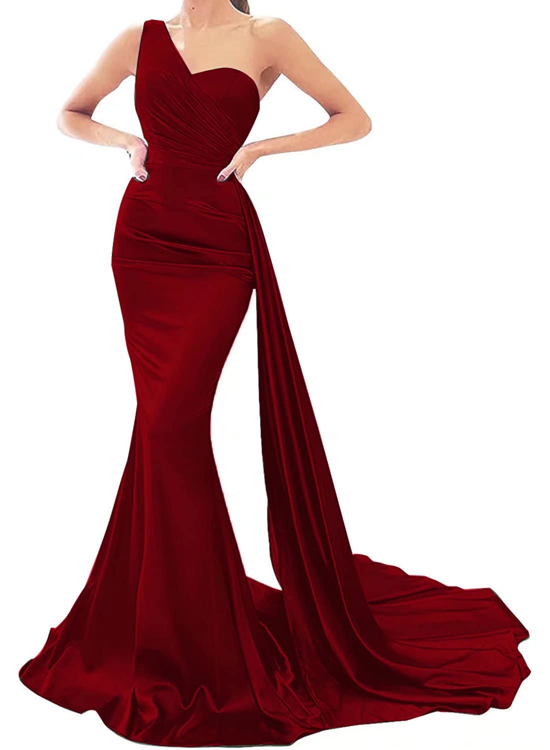 Elegant One Shoulder Mermaid Prom Dress for Women - Long Satin Formal Evening Gown with Train | Perfect for Homecoming, Prom Night, Wedding Guest & Special Occasions