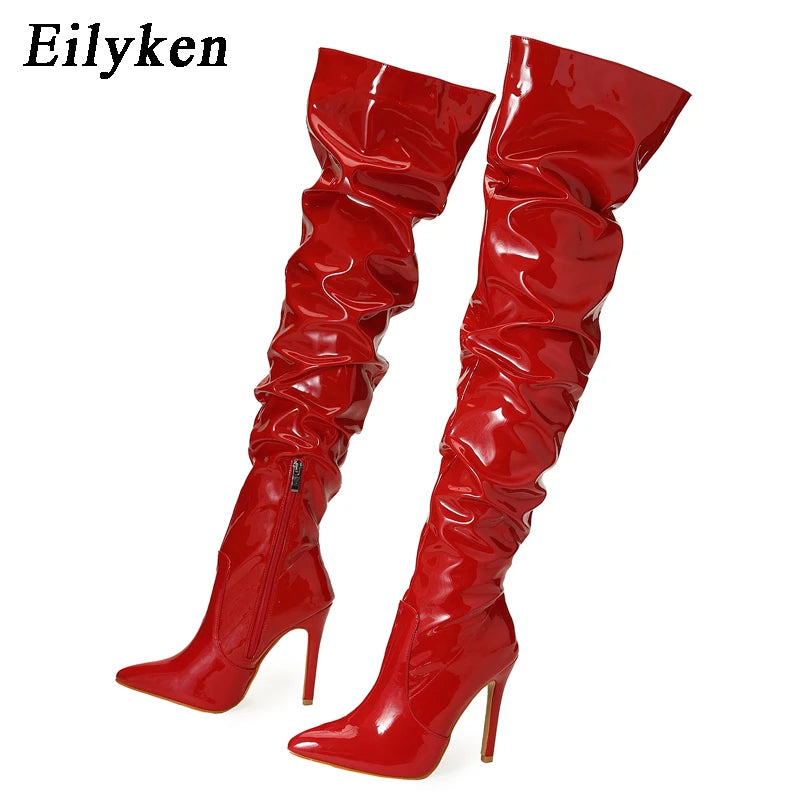 Eilyken Women's Red Over The Knee High Heel Boots - Patent Leather Pointed Toe Stiletto with Side Zipper | Fashionable Winter Boots for Party, Night Out & Date Night