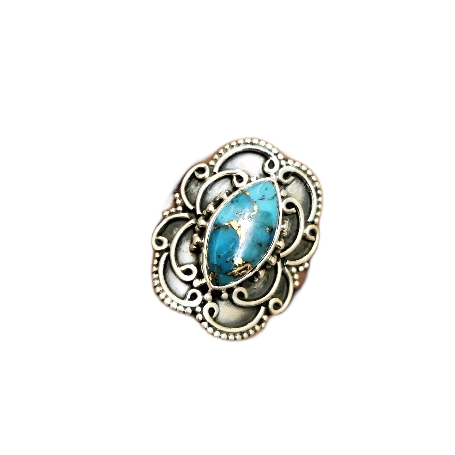 Blue Copper Turquoise Sterling Silver Ring | Boho Dainty Statement Jewelry | Natural Gemstone Oxidized Vintage Southwestern Ring | Perfect for Casual Wear, Festivals & Gift Giving
