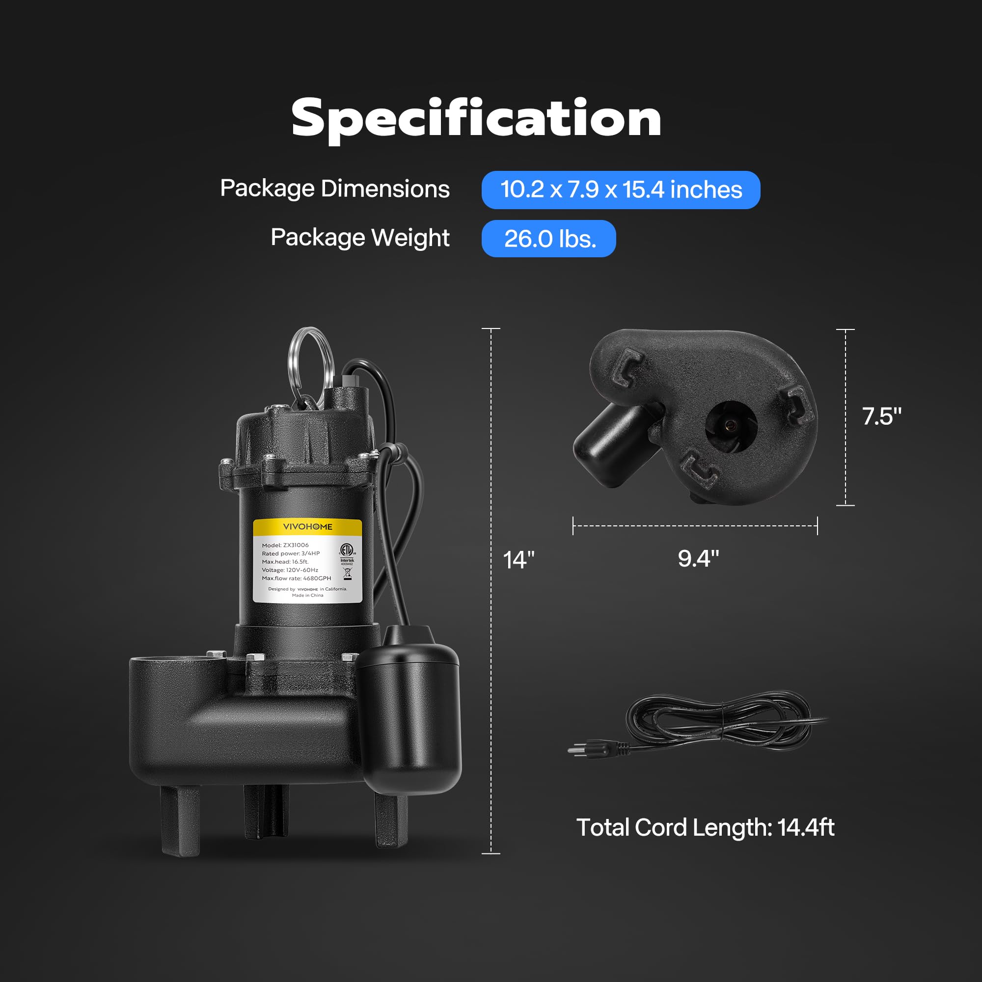 VIVOHOME 3/4 HP Submersible Cast Iron Sewage Pump with Float Switch - 4680 GPH, 2'' NPT Discharge - Heavy Duty Effluent Pump for Basement, Septic Tank, Flood Control & Water Transfer
