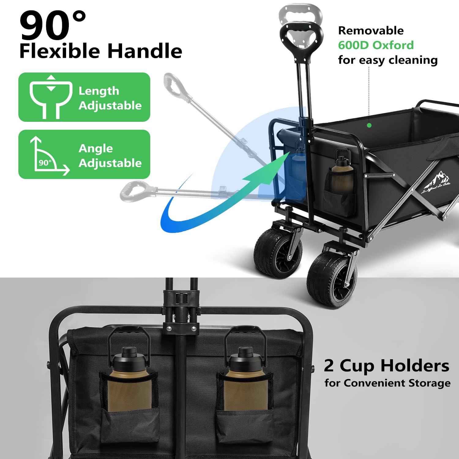Heavy Duty Collapsible Folding Wagon Cart 300lbs Capacity - Portable Utility Grocery Cart with 2 Drink Holders for Camping, Shopping, Beach, Sports & Outdoor Activities - Black