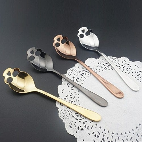 Premium 304 Stainless Steel Skull Sugar Spoon Set of 6 - Black Dessert, Tea & Coffee Stirring Spoons - Perfect for Halloween Parties, Gothic Decor & Unique Gift Giving