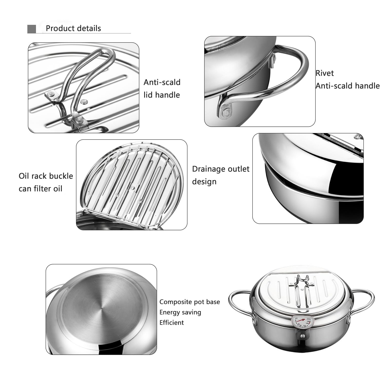 Japanese Style Tempura Deep Fryer Pot with Thermometer, Lid & Oil Drip Rack - 7.9 Inch 2.2L 304 Stainless Steel for French Fries, Fish, Shrimp, Chicken - Perfect for Home Kitchen, Restaurants & Party Cooking