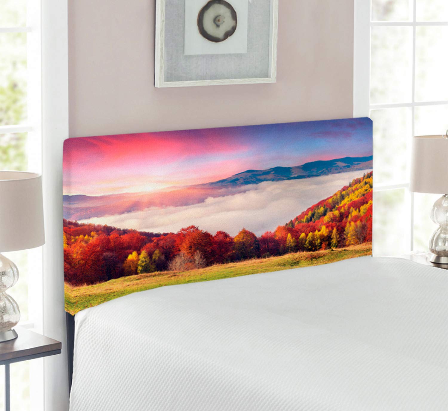 Ambesonne Nature Headboard - Colorful Autumn Morning in Majestic Mountains Print, Upholstered Metal Bed Headboard with Memory Foam, Twin Size, Multicolor - Perfect for Bedroom Decor & Cozy Cabin Retreats