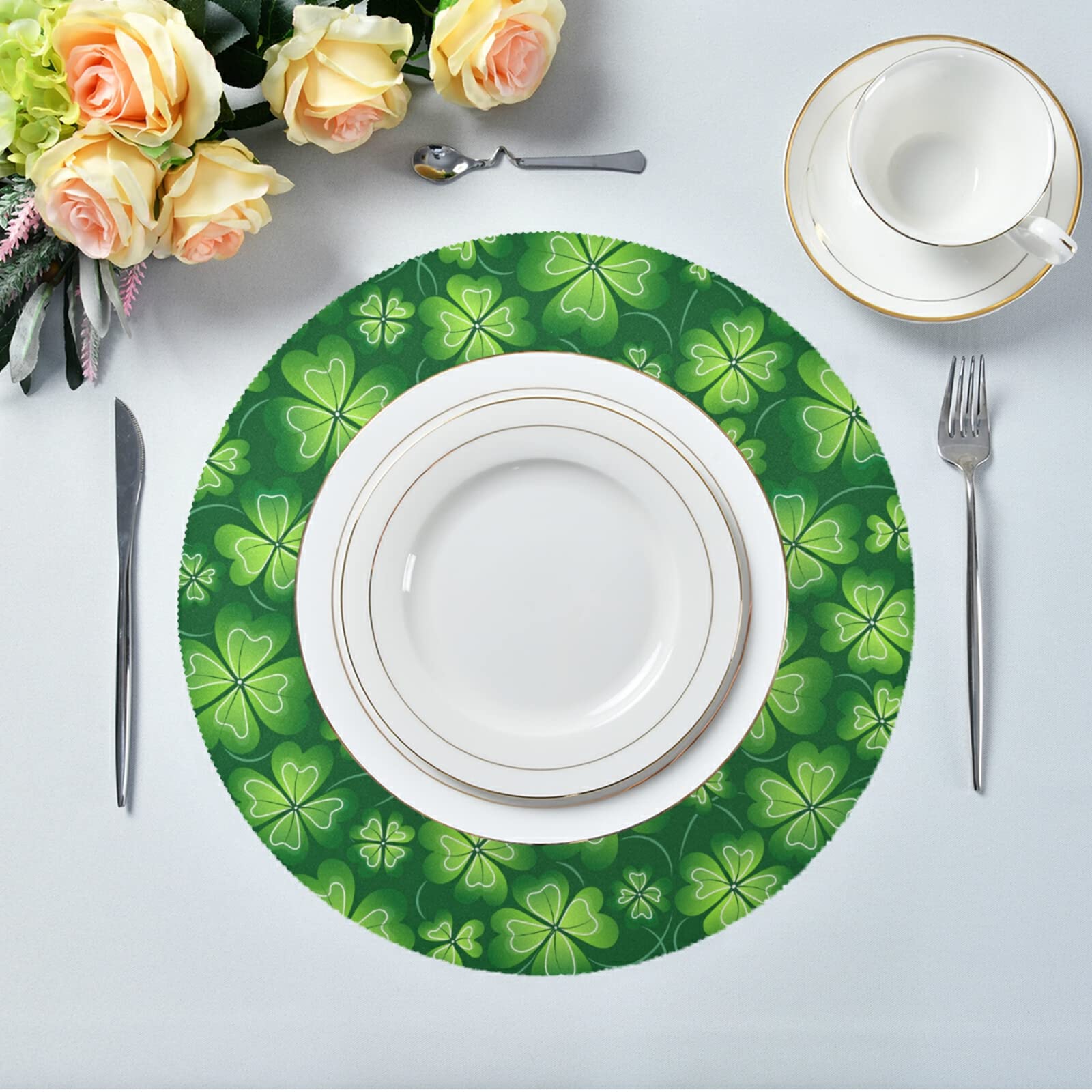 Dark Green Clover St. Patrick's Day Placemats - Set of 4 Round Heat Insulation & Non-Slip Dining Table Mats (15.4 Inch) for Kitchen, Holiday Decor & Irish Themed Parties - Perfect for St. Paddy's Celebrations, Dinner Gatherings & Festive Home Decor