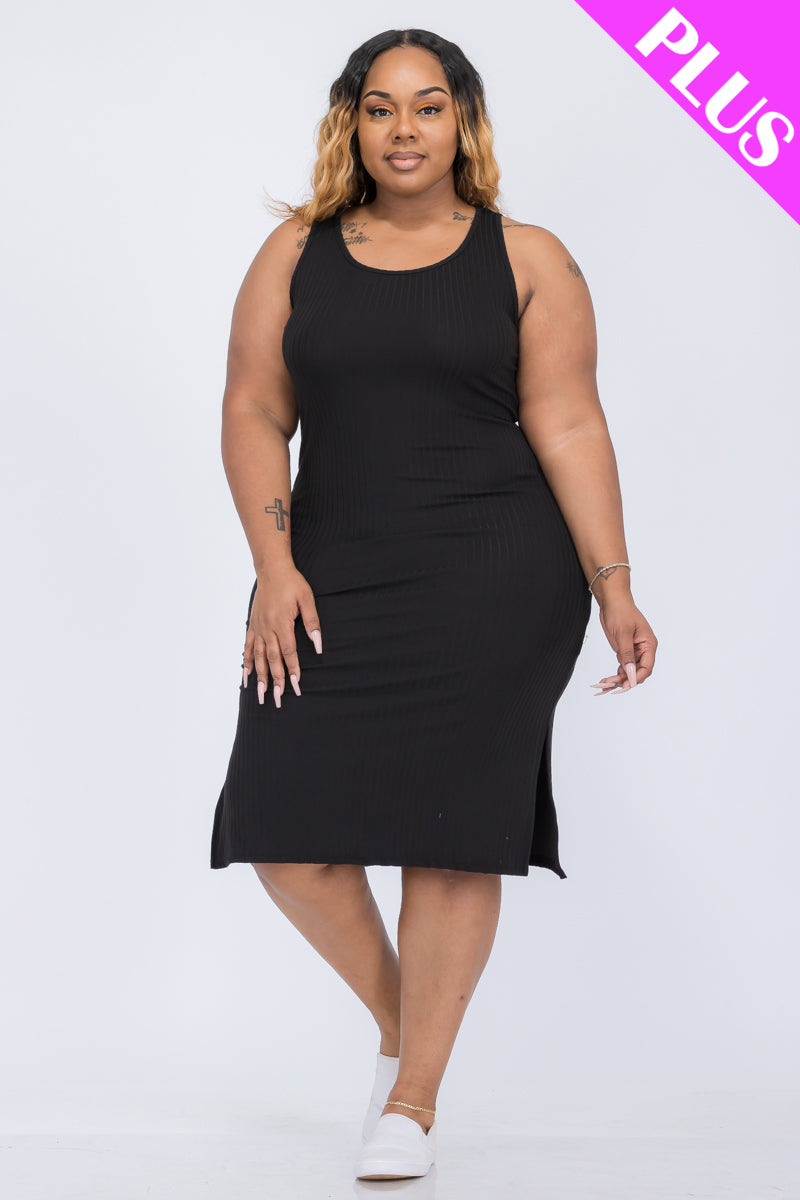 Plus Size Ribbed Side Slit Tank Midi Dress for Women - Stretchy Bodycon Summer Casual Dress for Curvy Figures - Perfect for Beach, Date Night & Vacation Outfits