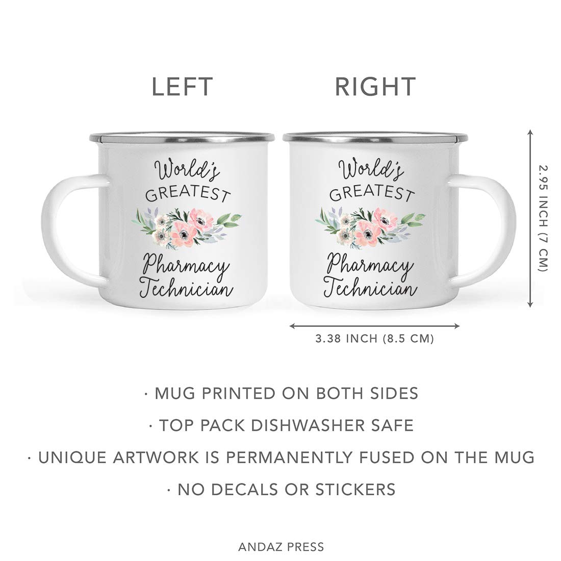 Andaz Press 11oz Stainless Steel Camping Coffee Mug - Insulated Travel Cup for Hot & Cold Drinks, Bohemian Pink Floral Design, Perfect Gift for Women, Pharmacy Technicians & Outdoor Enthusiasts - Great for Camping, Hiking, Office & Daily Use