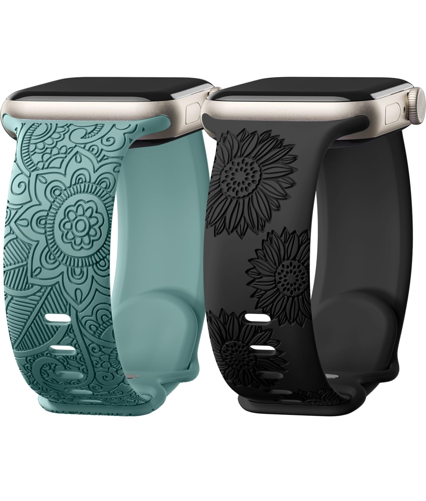 Floral Engraved Soft Silicone Apple Watch Band for Women - Compatible with 38mm 40mm 41mm 42mm 44mm 45mm 46mm 49mm iWatch Series 10/9/8/7/6/SE/Ultra - Cute Sport Strap for Workout, Running & Daily Wear
