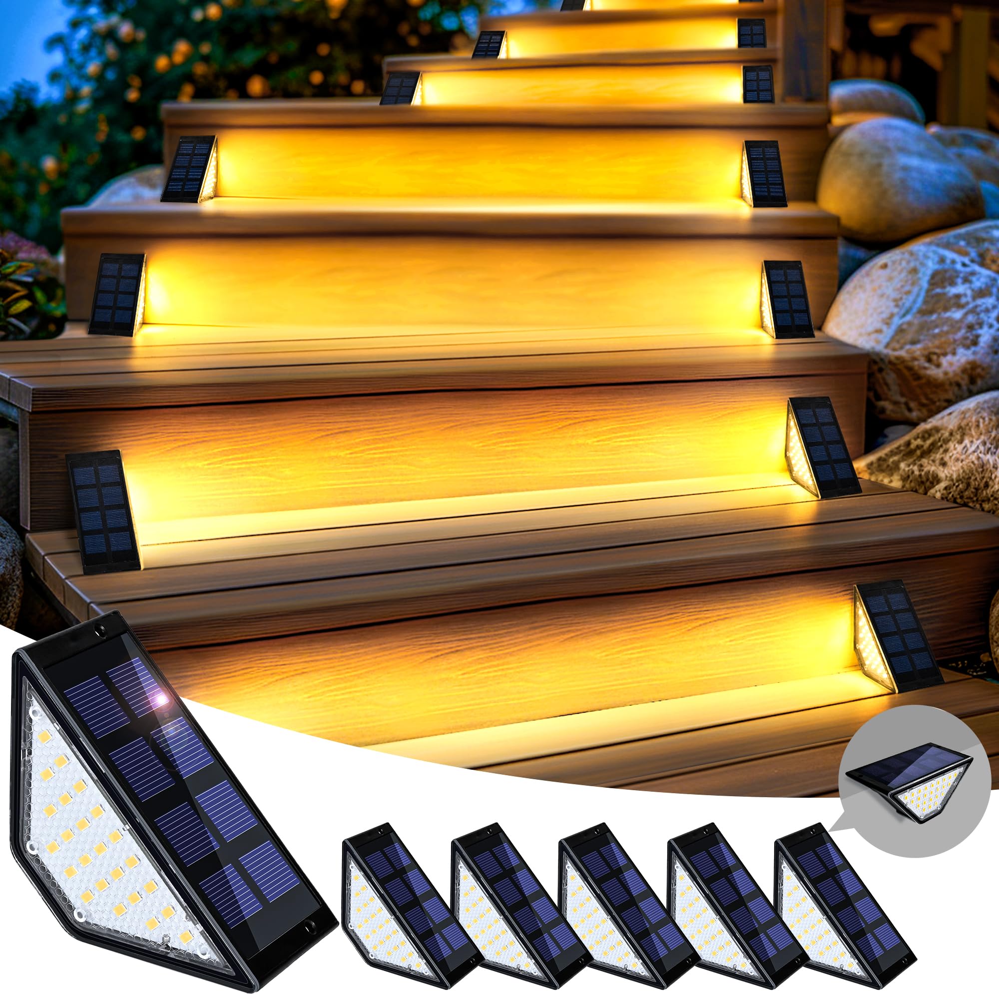 SOLPEX 24 LED Solar Step Lights Outdoor Waterproof - 6 Pack Warm White Solar Stair Lights for Porch, Front Door, Deck, Fence, Balcony, Patio, Yard & Garden - Perfect for Nighttime Safety and Landscape Lighting