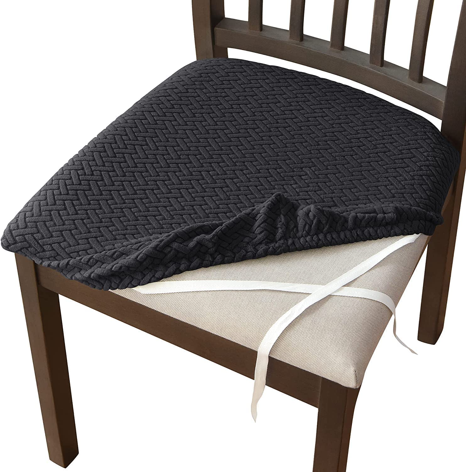 Stretch Dining Chair Slipcover - Soft Washable Seat Cover with Elastic Ties, Geometric Jacquard Pattern for Kitchen & Dining Room Chairs - Perfect for Home Decor & Furniture Protection