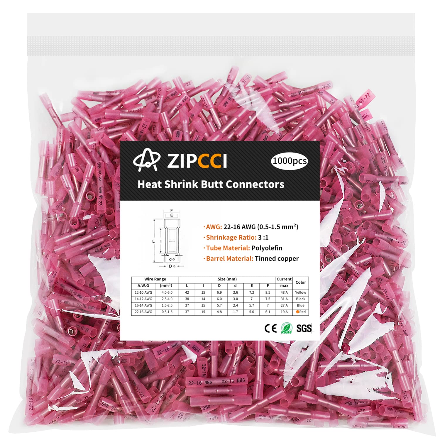 ZIPCCI 1000Pcs Red Waterproof Heat Shrink Butt Connectors - Marine, Automotive & Electrical Wire Repair (Includes Butt Splice & Crimp Connectors) - Perfect for Boat Wiring, Car Electrical Systems & Trailer Light Installations