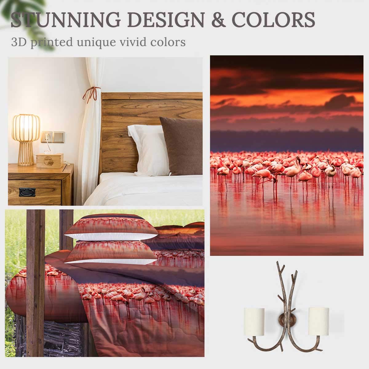 Sleepwish 3D African Flamingos Print Reversible Comforter Set - Queen Size 4-Piece Bedding with 2 Pillow Covers & Cushion Cover, Sunset Tropical Design for Stylish Bedroom Decor | Perfect for Guest Rooms, Vacation Homes & Bohemian Bedroom Themes