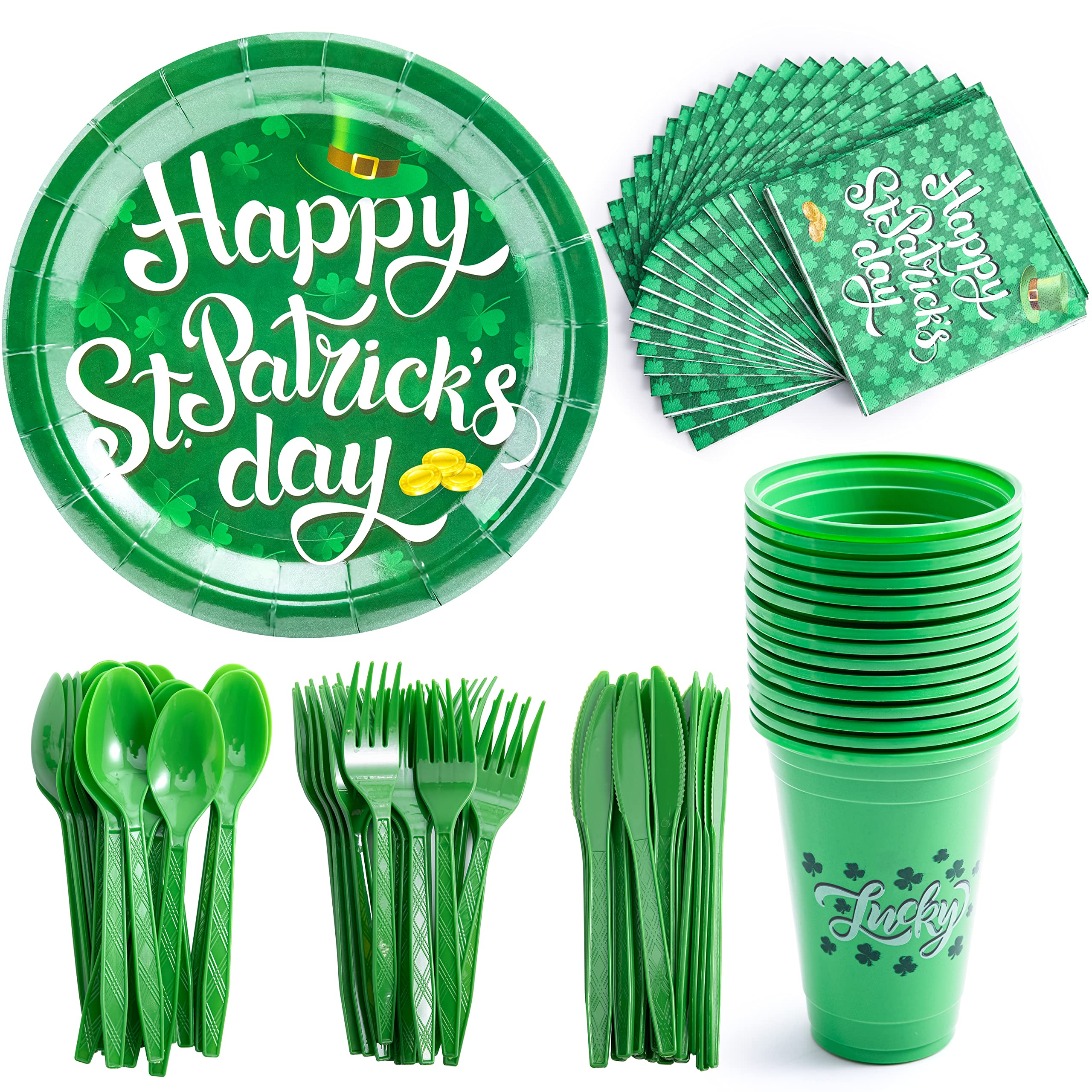 JOYIN 126PCS St. Patrick's Day Party Tableware Set - 18-Person Shamrock Themed Dinner Kit with 9-inch Plates, Cups, Napkins & Cutlery (Forks, Knives, Spoons) - Perfect for Irish Themed Parties, Holiday Celebrations & Family Gatherings
