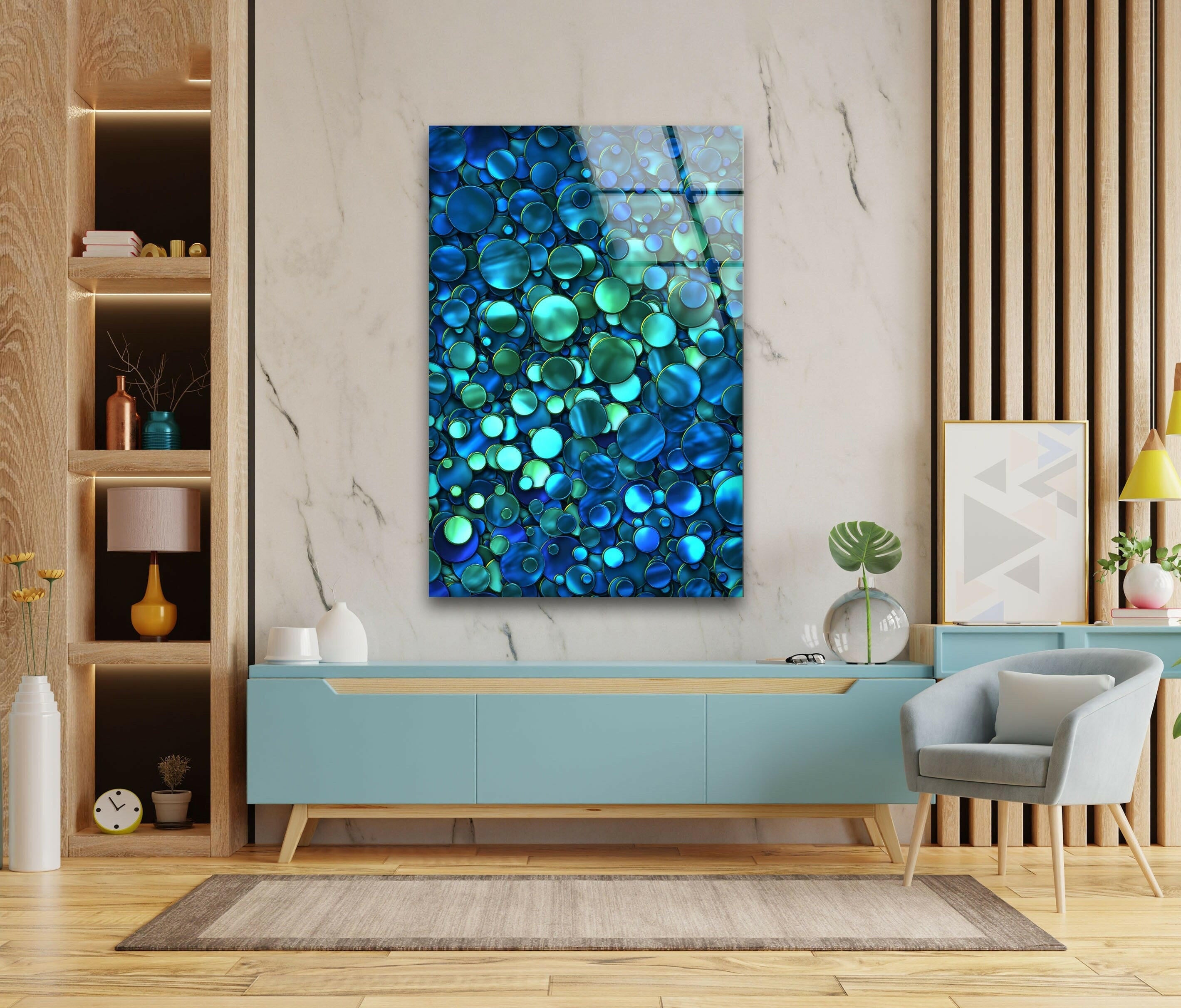 Blue Bubbles Abstract Glass Wall Art - Modern Handmade Home Decor for Living Room, Bedroom & Office - Unique 3D Glass Panel Artwork for Contemporary Interior Design