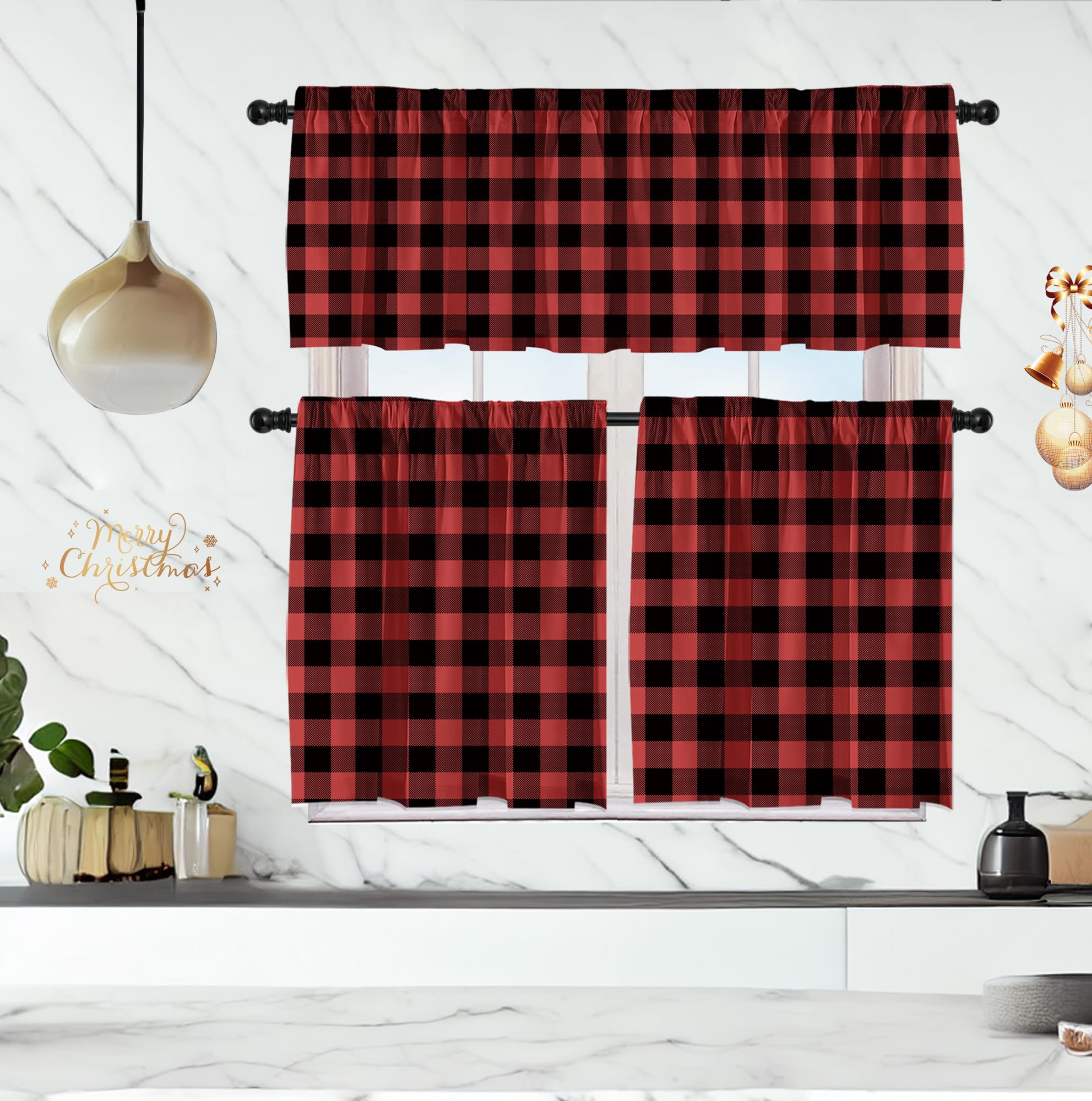 Black and Red Buffalo Check Window Curtain Set with Tiers & Valances - Farmhouse Kitchen Rod Pocket Window Treatments for Rustic Home Decor | Perfect for Country Style Kitchens, Dining Rooms & Cozy Farmhouse Interiors