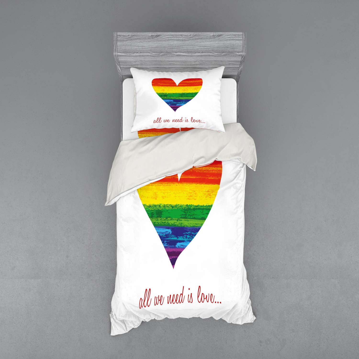 Ambesonne Pride Bedding Set - Romantic 'All We Need is Love' Heart Design in Rainbow Colors, 3-Piece Duvet Cover Set with Pillow Sham & Fitted Sheet, Twin Size - Perfect for LGBTQ+ Pride Celebrations, Bedroom Decor & Themed Parties