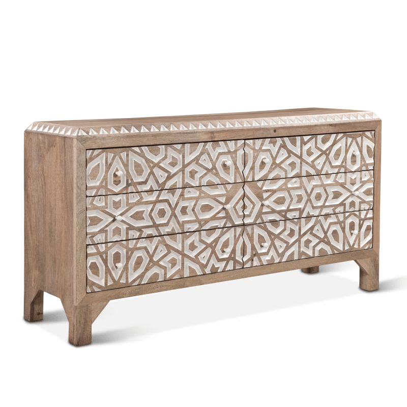 Hand Carved Wooden 6-Drawer Dresser | Bohemian Style Chest of Drawers for Bedroom Storage & Organization