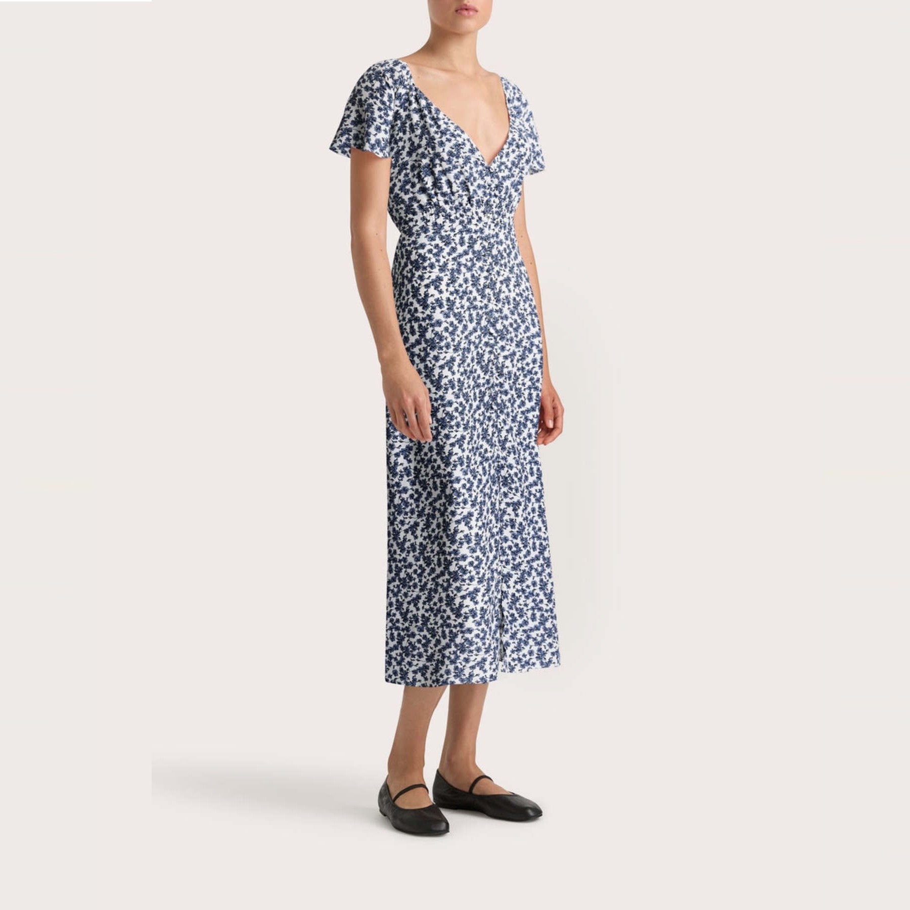 Aurelia Midi Dress - Floral Print Summer Maxi Dress with Puff Sleeves in Mid Blue | Perfect for Beach Vacations, Date Nights & Summer Weddings