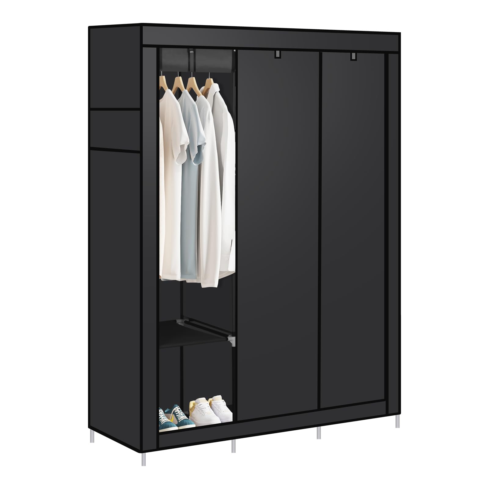 Portable Closet Organizer with 8 Shelves & 2 Hanging Rails - Non-Woven Fabric Wardrobe with Metal Frame (Black) | Space-Saving Clothes Storage for Bedroom, Dorm, Apartment & Travel