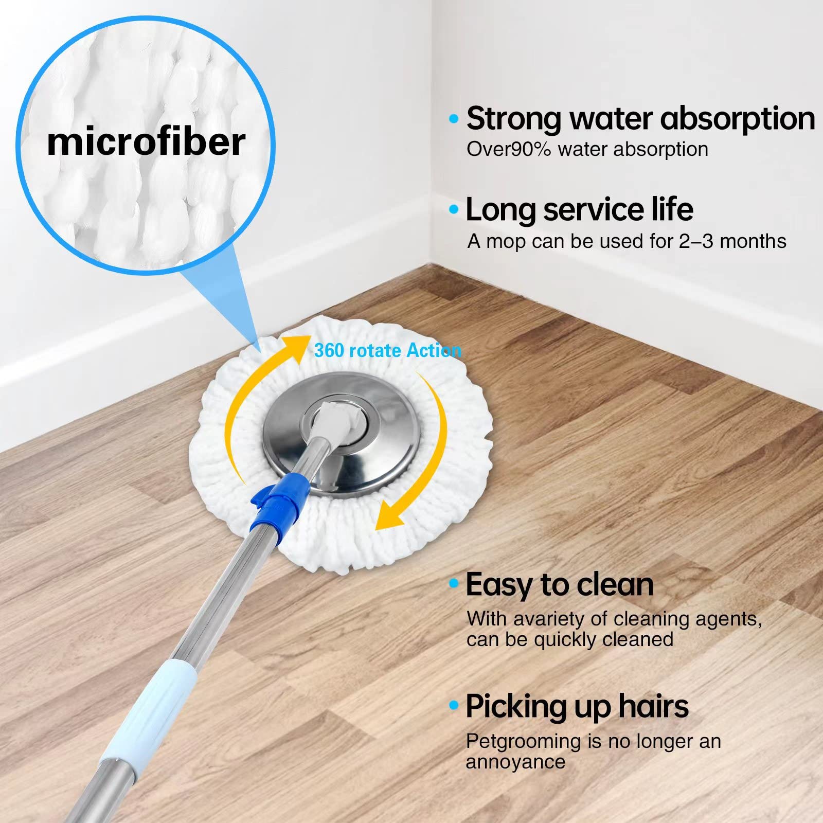 360 Spin Mop Bucket System with 3 Microfiber Replacement Heads & Telescoping Handle - Effortless Floor Cleaning for Hardwood, Tile & Laminate - Perfect for Home, Kitchen & Bathroom Cleaning