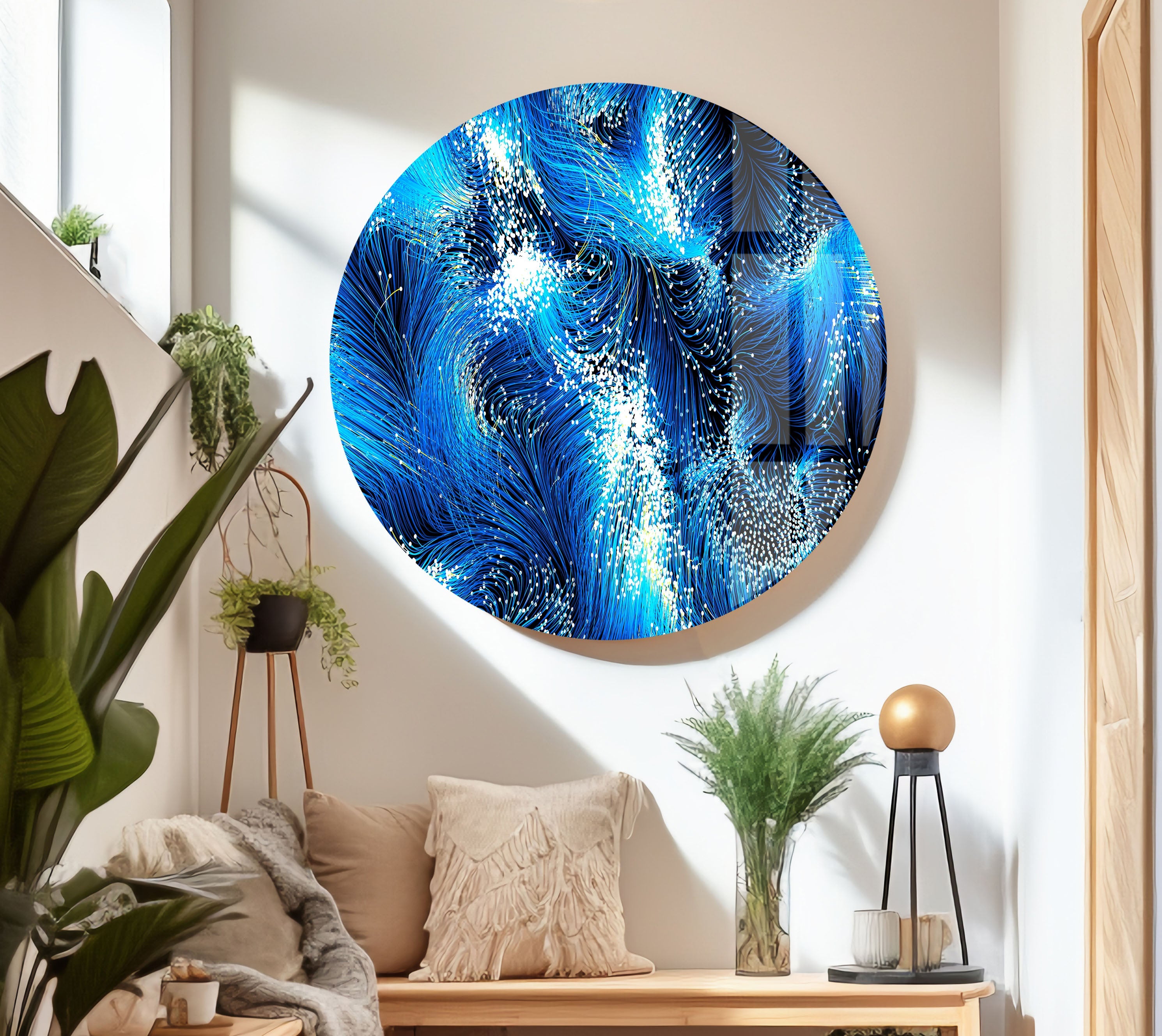 Blue Black Swirl Glass Wall Art - Handmade Modern Abstract Decor for Living Room, Bedroom & Office | Shatter-Resistant Hanging Art Piece