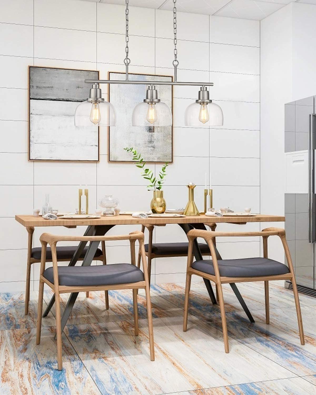 EAPUDUN 3-Light Linear Chandelier - Brushed Nickel Finish with Clear Glass Shade - Modern Farmhouse Lighting for Kitchen Island, Dining Room, Foyer, Hallway & Entryway - Perfect for Home, Restaurant and Cafe Decor