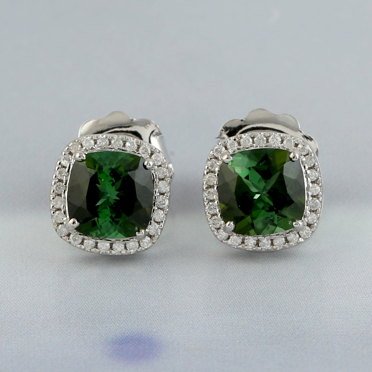 Exquisite 18K White Gold Cushion Cut Green Tourmaline Pave Diamond Stud Earrings - Perfect for Weddings, Anniversaries & Special Occasions
