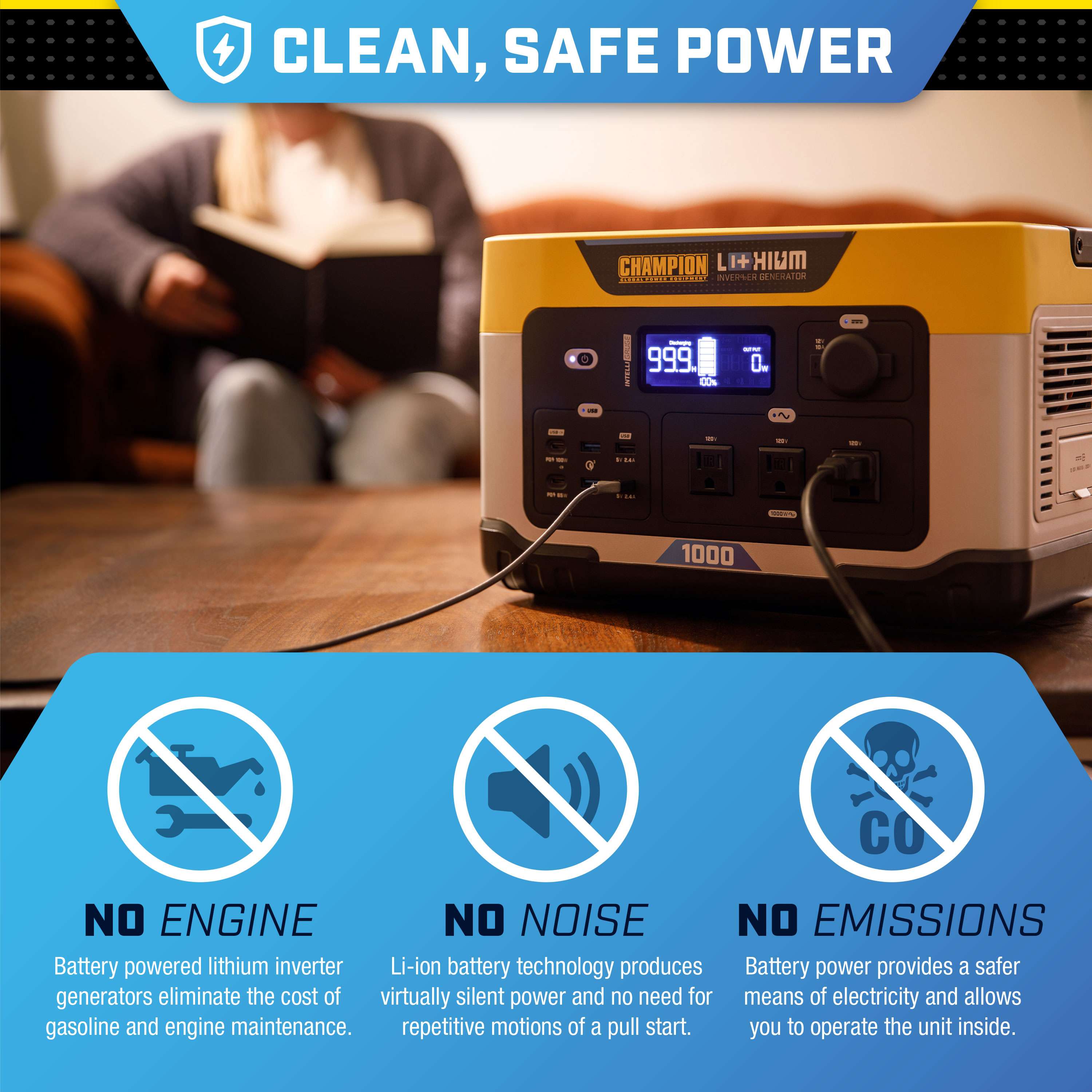 Champion 201260 1000W/2000W Solar Generator 998Wh Lithium Ion Power Station - Portable Solar Power for Camping, RV & Emergency Backup