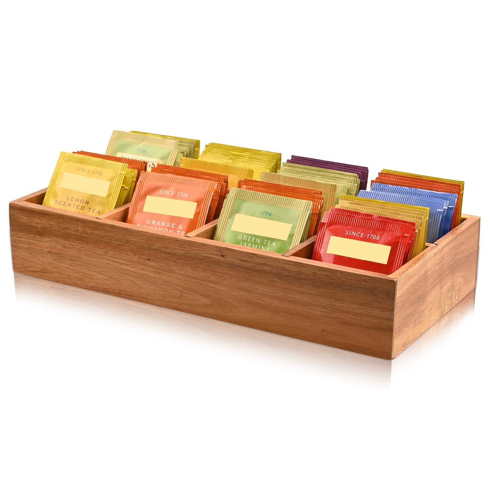 Premium Acacia Wood Tea Bag Organizer with 8 Slots - Compact Countertop Tea Storage for Tea Bags & Sugar Packets - Kitchen & Office Organization - Perfect Gift for Tea Lovers - Space-Saving Solution for Home, Workplace, Dorm & RV - Ideal for Tea Stations, Coffee Bars, Small Kitchens & Office Desks - Great for Morning Tea Rituals, Afternoon Breaks, and Entertaining Guests