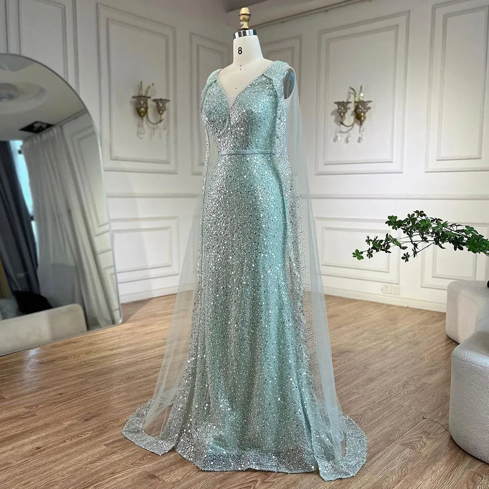 Elegant Arabic Turquoise Mermaid Evening Dress with Beaded Cape Sleeves for Women's Party | Dubai Luxury Formal Gown | Perfect for Weddings, Galas & Special Occasions - LA72574