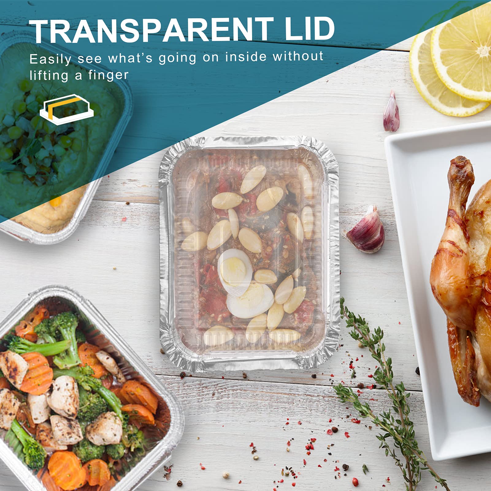 50-Pack 1.5LB Aluminum Pans with Clear Lids - Disposable Food Containers for Takeout, Meal Prep & Storage | Recyclable Foil Trays with Secure Seal for Freshness & Leakproof | Perfect for Catering, Parties & Leftovers (6.1x5.3x16.5 Inches)