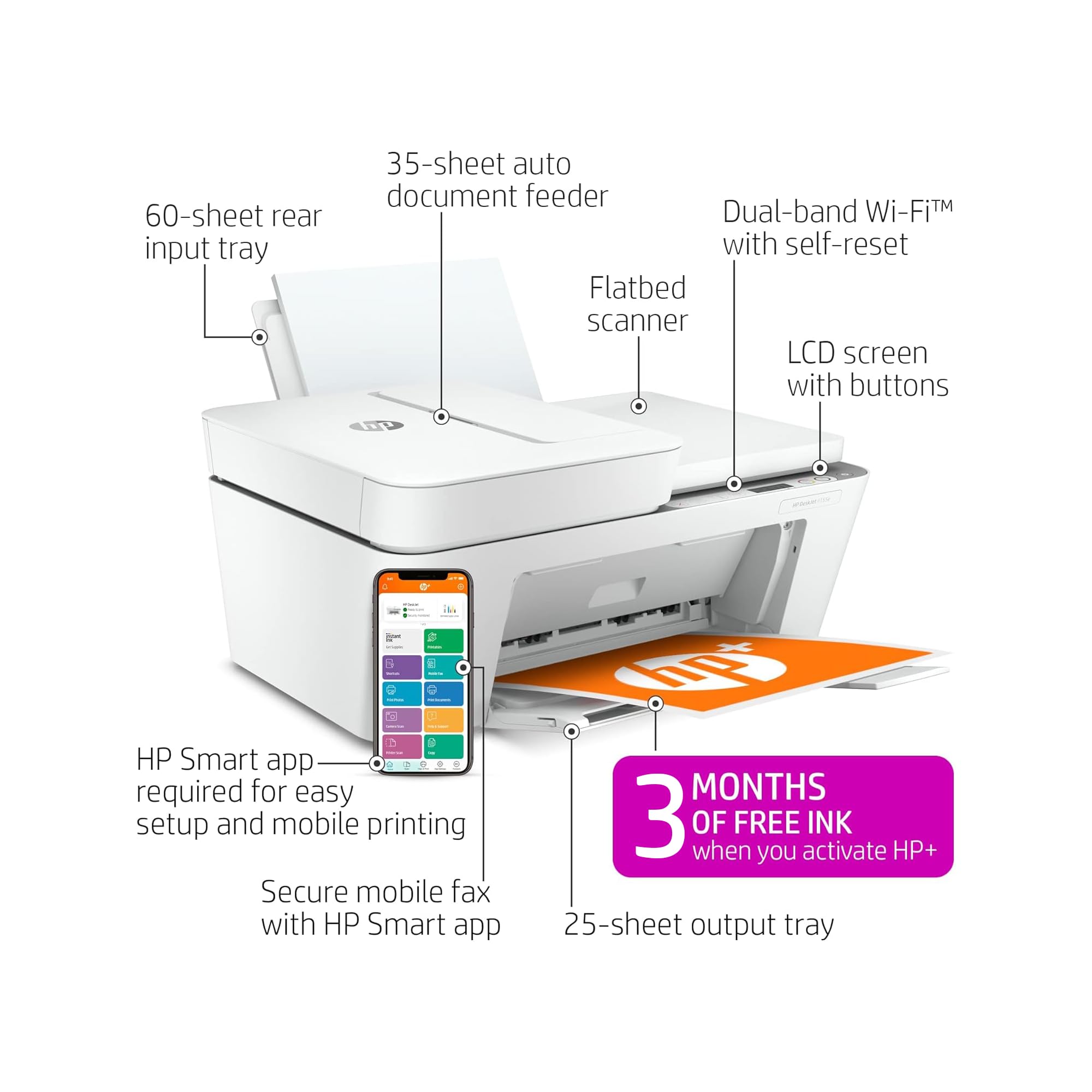 HP DeskJet 4155e Wireless Color Inkjet Printer - Print, Scan, Copy | Easy Setup & Mobile Printing | Ideal for Home & Small Office | Includes 3 Months Instant Ink | White | Perfect for Remote Work & Student Projects