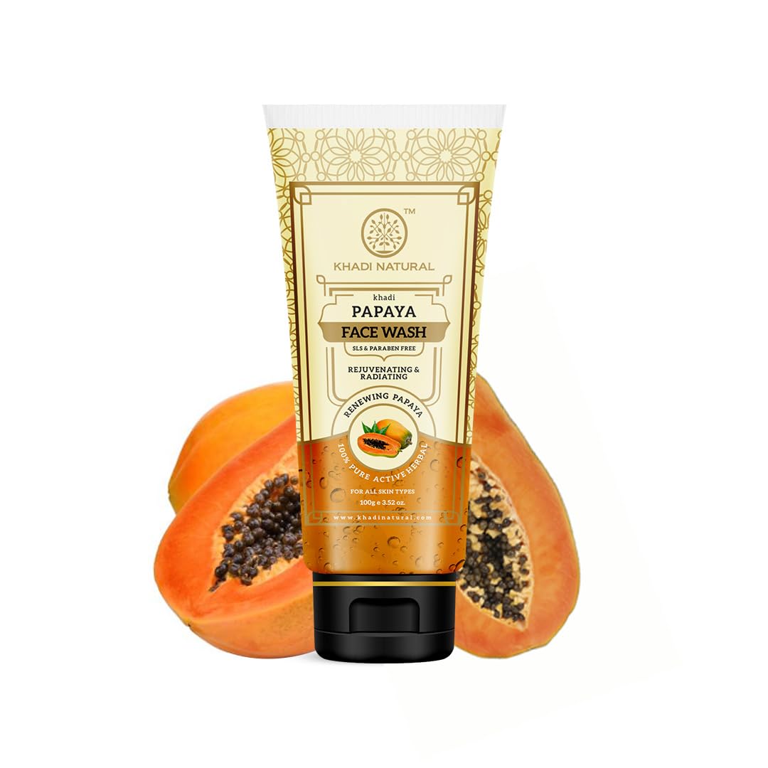 Khadi Natural Papaya Face Wash for Glowing & Healthy Skin - Herbal Cleanser for Dark Spots & Blemishes | SLS & Paraben Free | Suitable for All Skin Types | 100ml | Perfect for Daily Skincare Routine & Acne-Prone Skin