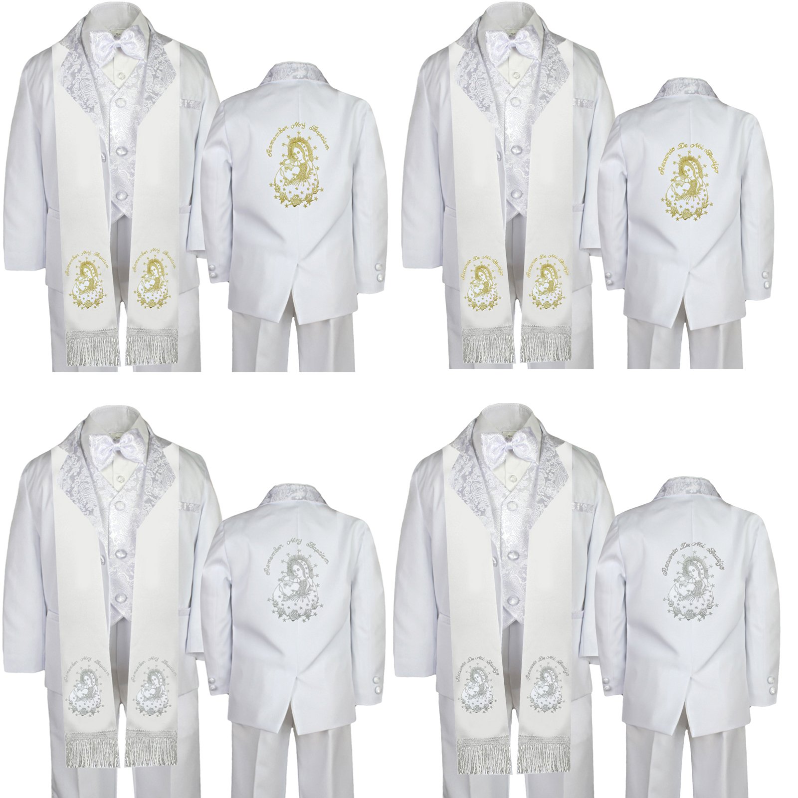 Baby Boy Baptism Outfit - White Paisley Tuxedo with Virgin Mary Embroidery | Spanish-Style Christening Suit SM-7 | Perfect for First Communion, Baptism Ceremonies & Special Occasions