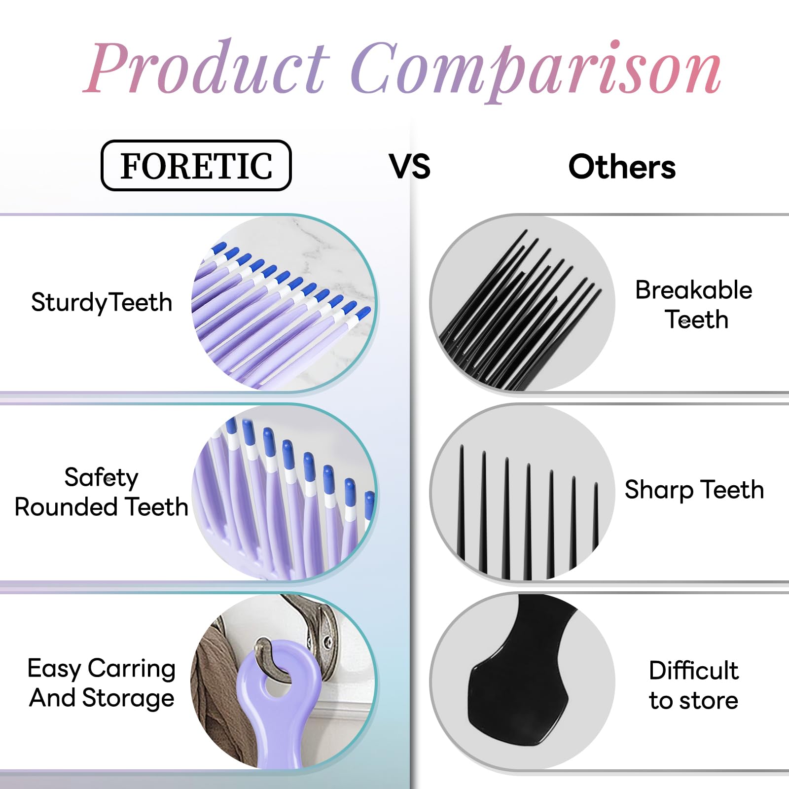Best Smooth Hair Pick Comb for Curly, Thick & Long Hair - Detangling & Styling Tool for Natural, Coily & Facial Hair (Pink, Purple) - Perfect for Salon, Home & Travel Use