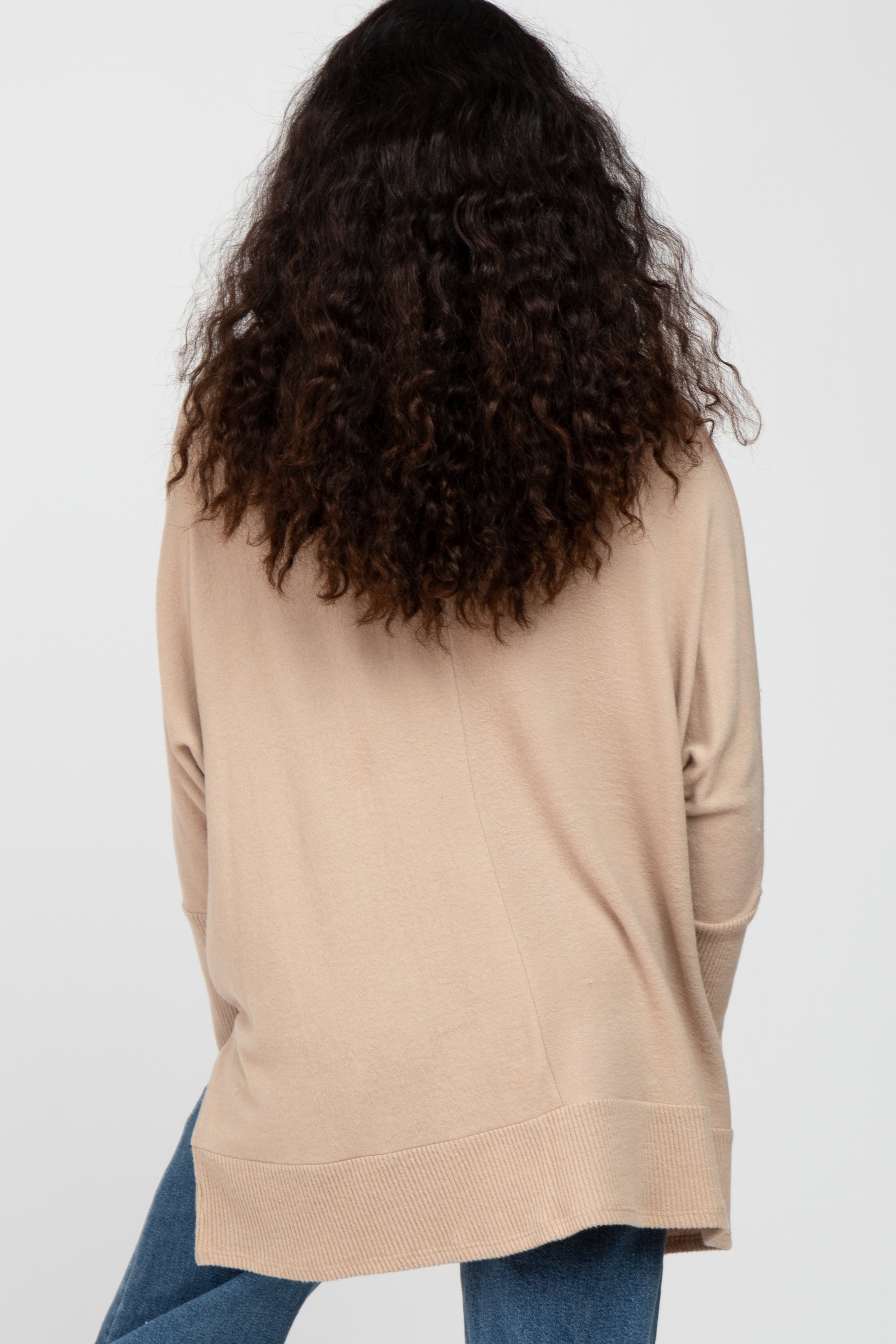 Beige Soft Brushed Knit Dolman Sleeve Side Slit Tunic Top for Women | Casual Loose Fit Blouse | Perfect for Layering, Office Wear & Weekend Outfits
